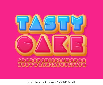 Vector bright Emblem Tasty Cake. Glazed Donut Font. Unique Creative Alphabet Letters and Numbers