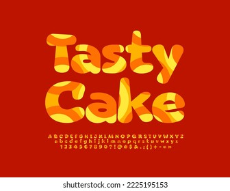 Vector bright emblem Tasty Cake. Colorful Alphabet Letters, Numbers and Symbols set. Playful creative Font