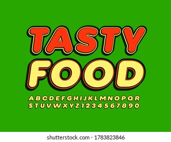 Vector bright emblem Tasty Food. Comic Yellow and Red Font. Decorative Alphabet Letters and Numbers
