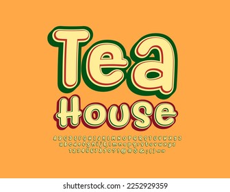Vector bright Emblem Tea House. Retro creative Font. Artistic Alphabet Letters, Numbers and Symbols set. 