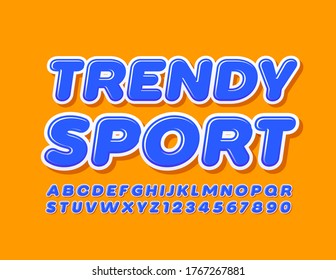 Vector bright emblem Trendy Sport. Blue Glossy Font. Modern Alphabet Letter and Numbers