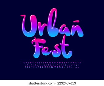 Vector bright emblem Urban Fest. Funny colorful Font. Handwritten set of Alphabet Letters, Numbers and Symbols