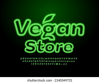 Vector bright Emblem Vegan Store. Glowing Font. Neon Alphabet Letters and Numbers set