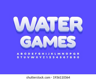 Vector bright Emblem Water Games.  Trendy white 3D Font. Artistic Alphabet Letters and Numbers