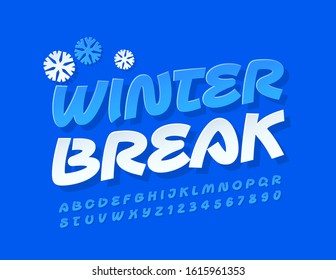 Vector Brillante Emblem Winter Break. Conjunto de letras y números de alfabeto de estilo autoadhesivo hechos a mano. Fuente azul estilizada.
