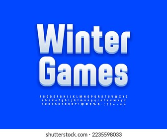 Vivero emblema brillante Juegos de Invierno. Elegante fuente blanca. Letras y números de alfabeto 3D modernos.