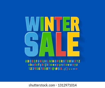 Vector bright Emblem Winter Sale. Modern Alphabet letters, Numbers and Symbols. Flat bright Font.