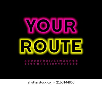 Vector brillante Emblema su ruta. Fuente Neon roja. Letras, números y símbolos de alfabetos brillantes