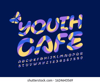 Vector Bright Emblem Youth Cafe. Colorful Font With Graphic Style. Artistic Alphabet Letters And Numbers. 