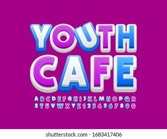 Vector emblema luminoso Youth Cafe con fuente colorida. Letra y números alfabetos para niños