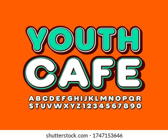 Vector bright emblem Youth Cafe. Trendy Alphabet Letters and Numbers. Modern 3D Font