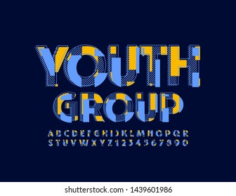 Grupo juvenil de emblema brillante vectorial. Pop art Font. Letras y números alfabetos modernos en mayúsculas
