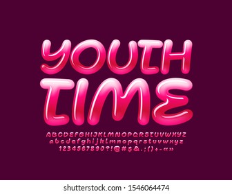 Vector bright Emblem Youth Time. Colorful Alphabet Letters, Numbers and Symbols. Glossy Pink Font.