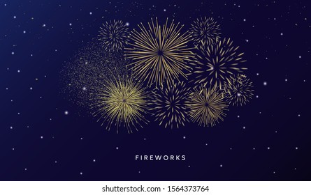 Vector Bright festive fireworks in the night sky. Lighting effects, luminous elements. Happy New Year and Christmas.