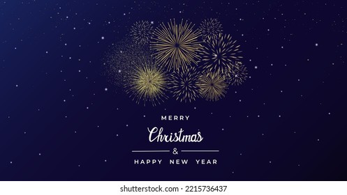 Vector Bright festive fireworks in the night sky. Lighting effects, luminous elements. Happy New Year and Christmas.