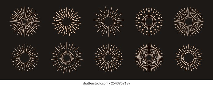 Vetor fogos de artifício brilhantes e fogos de artifício conjunto de ilustração. Coleção de ícones planos, perfeita para festas e eventos. Elementos de design festivo de ouro sobre fundo preto.