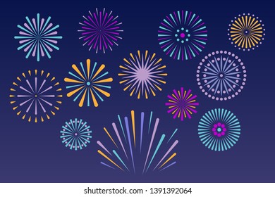 Vector bright fireworks isolated on dark background. Independence anniversary festival firework celebration. Celebration design for holidays.