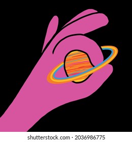Vector bright flat colorful illustration with hand and planet Saturn on black background. That's OK.