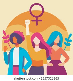 Vector bright flat design of strong women, women's day, feminism. Women standing together as a sign of strength and unity. Gender equality and women empowerment. For social media, posters, advertising