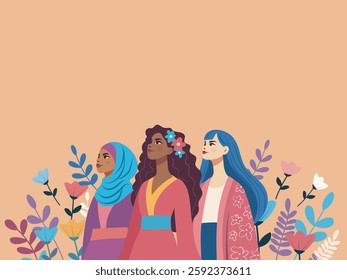 Vector bright flat horizontal banner international women's day, women of different cultures and nationalities stand side by side on background of flowers. Gender equality and women empowerment