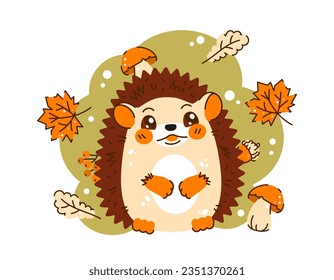 Vector bright flat illustration of a cute little hedgehog in the autumn forest. Children's illustration