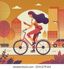 Vector bright flat illustration girl riding a bicycle in the city. Girl going to work, girl courier against the background of the city in red orange colors. Suitable for banner, social networks