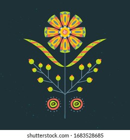 Vector bright floral composition with ethnic motives on the dark background. Vector pattern template. Artwork for the card, banner, poster, textile and home decor. 