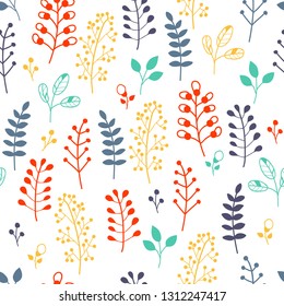 Vector bright floral pattern in decorative style. Branches, berries and leaves on white background, seamless illustration.
