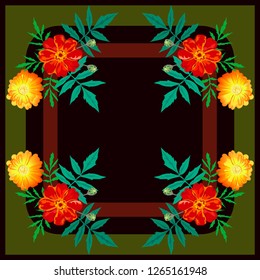Vector bright floral pattern, yellow flowers of the calendula medicinal plant and maroon marigolds of taghetis on a black background for the design of a scarf, hijab
