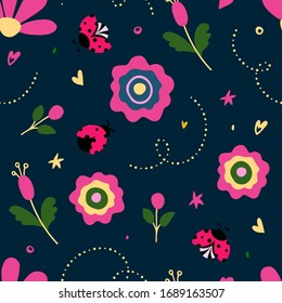 Vector bright floral seamless pattern on the dark background. Botanical illustration. Artwork for wallpaper, textile, greeting cards, invitations, prints, home decor.