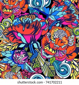 Vector Bright Floral seamless pattern in stylish graphic style in trendy colors.