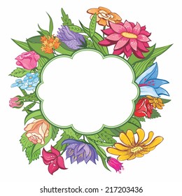 Vector bright flower frame | Colorful floral vignette with flowers and leaves for design