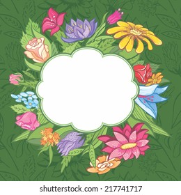 Vector bright flower frame | Colorful floral vignette with flowers and leaves for design