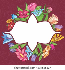 Vector bright flower frame | Colorful floral vignette with flowers and leaves for design