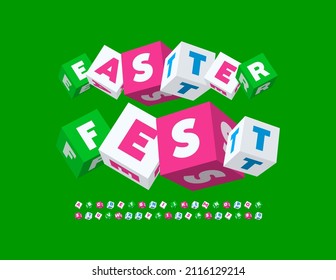 Vector Bright Flyer Easter Fest. Creative 3D Font. Toy Block Alphabet Letters And Numbers Set