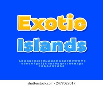 Vector brillante flyer Islas exóticas. Fuente brillante moderna. Conjunto de letras y números de alfabeto azul de moda.
