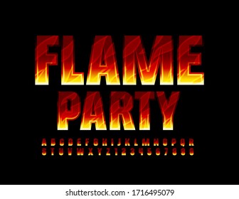 Vector bright flyer Flame Party with creative Fire Font. Burning Alphabet Letters and Numbers for poster