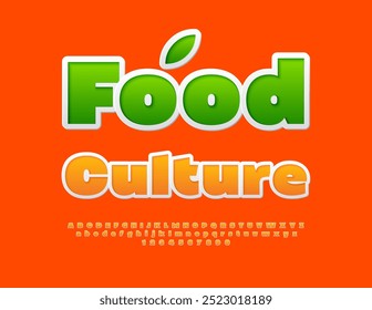 Vector bright flyer Food Culture. Orange sticker Font. Creative Alphabet Letters and Numbers set. 