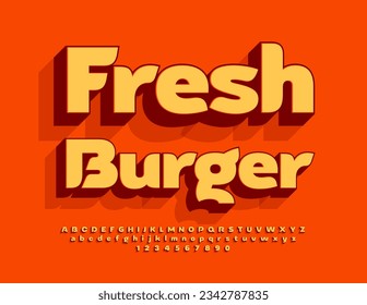 Vector bright flyer Fresh Burger. 3D Orange Font. Artistic Alphabet Letters, Numbers and Symbols