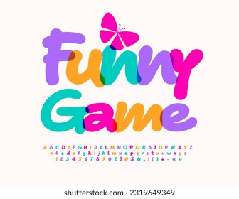 Vector bright Flyer Funny Game with decorative Butterfly. Colorful playful Font. Creative set of Alphabet Letters, Numbers and Symbols