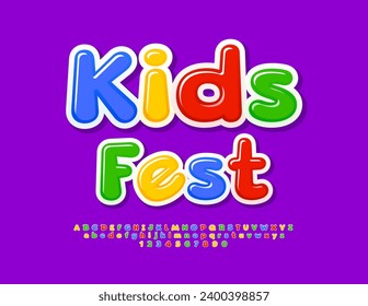 Vector bright flyer Kids Fest. Cute colorful Font. Unique Glossy Alphabet Letters, Numbers and Symbols for Children.