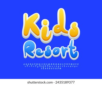 Vector bright flyer Kids Resort. Playful Blue Font. Funny cool Alphabet Letters and Numbers set.