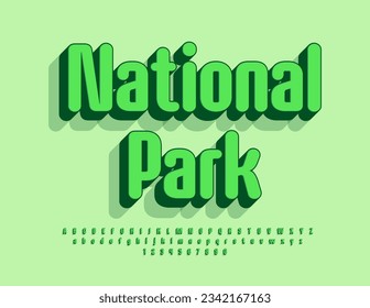 Vector bright flyer National Park. Elegant Green Font. 3D Alphabet Letters and Numbers set