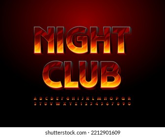 Vector bright flyer Night Club. Creative Fire Font. Burning Alphabet Letters and Numbers