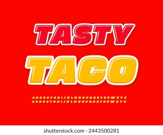 Vector bright flyer Prime Taco. Glossy Yellow Font. Bright set of trendy Alphabet Letters and Numbers