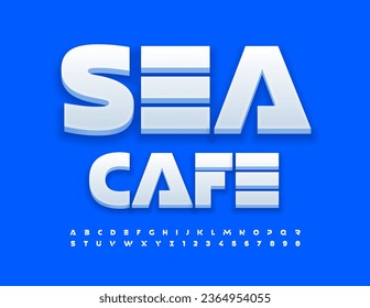 Vector bright flyer Sea Cafe. Unique White Font. Creative style set of futuristic Alphabet Letters and Numbers