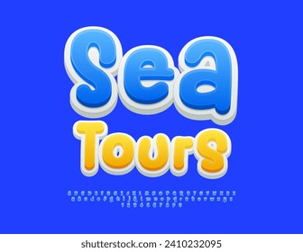 Vektor helle Flyer Sea Tours. Playful Blue Font. Moderne, handgeschriebene Alphabet Letters and Numbers Set.