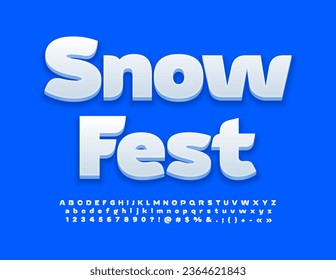 Vector bright flyer Snow Fest. Stylish White 3D Font. Trendy Alphabet Letters and Numbers set.