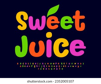 Vektor heller Flyer Sweet Juice. Funny bunter Font. Reihe kreativer Alphabet-Buchstaben und -Zahlen
