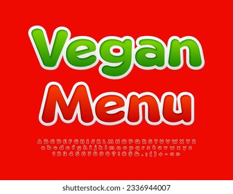 Vector bright flyer Vegan Menu. Cute Red Font. Artistic Alphabet Letters, Numbers and Symbols